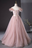 Pink Tulle Beaded Long Prom Dress, Lovely Pink Off the Shoulder Evening Party Dress HZ0429