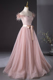 Pink Tulle Beaded Long Prom Dress, Lovely Pink Off the Shoulder Evening Party Dress HZ0429