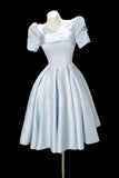Vintage Light Blue Satin Short Sleeve Mini Dress - Square Neck A-Line Party Gown HZ0429