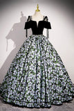 Black Velvet and Floral Pattern Long Prom Dress, Elegant A-Line Party Dress HZ0429