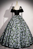 Black Velvet and Floral Pattern Long Prom Dress, Elegant A-Line Party Dress HZ0429