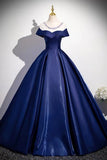 Navy Satin Long Prom Dress, Elegant A-Line Scoop Neckline Evening Party Dress HZ0429