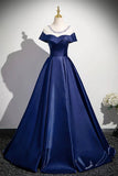 Navy Satin Long Prom Dress, Elegant A-Line Scoop Neckline Evening Party Dress HZ0429