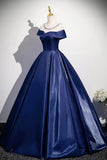 Navy Satin Long Prom Dress, Elegant A-Line Scoop Neckline Evening Party Dress HZ0429