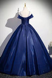 Navy Satin Long Prom Dress, Elegant A-Line Scoop Neckline Evening Party Dress HZ0429