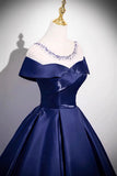 Navy Satin Long Prom Dress, Elegant A-Line Scoop Neckline Evening Party Dress HZ0429