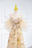 Champagne Tulle Floral Long Prom Dress, Beautiful Off the Shoulder Party Dress HZ0429