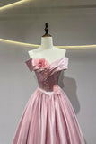Pink A-Line Satin Floor Length Prom Dress, Beautiful Off the Shoulder Evening Party Dress HZ0429