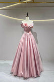 Pink A-Line Satin Floor Length Prom Dress, Beautiful Off the Shoulder Evening Party Dress HZ0429
