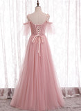 Pink Tulle Long Prom Dresses, A-Line Evening Dresses HZ0429