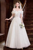 A-Line Tulle Lace Long Prom Dress, White Off the Shoulder Evening Party Dress HZ0429