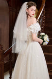 A-Line Tulle Lace Long Prom Dress, White Off the Shoulder Evening Party Dress HZ0429