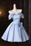 Blue Satin Knee Length Prom Dress, Cute A-Line Evening Party Dress HZ0429