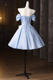 Blue Satin Knee Length Prom Dress, Cute A-Line Evening Party Dress HZ0429