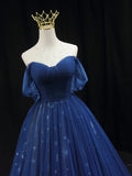 Beautiful Blue Tulle Floor Length Prom Dress, A-Line Off the Shoulder Princess Dress Evening Dress HZ0429