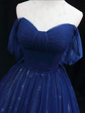 Beautiful Blue Tulle Floor Length Prom Dress, A-Line Off the Shoulder Princess Dress Evening Dress HZ0429