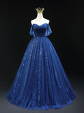 Beautiful Blue Tulle Floor Length Prom Dress, A-Line Off the Shoulder Princess Dress Evening Dress HZ0429