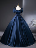 Blue Satin Long Prom Dress, Elegant Short Sleeve Evening Party Dress HZ0429