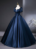 Blue Satin Long Prom Dress, Elegant Short Sleeve Evening Party Dress HZ0429
