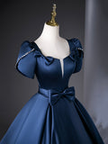Blue Satin Long Prom Dress, Elegant Short Sleeve Evening Party Dress HZ0429