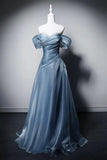 Dusty Blue Off-the-Shoulder Satin Evening Gown - Ruched Bodice A-Line Formal Dress with Beaded Neckline HZ0429