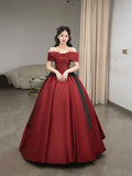 Burgundy Satin Long Prom Dress, Beautiful Off the Shoulder Evening Party Dress HZ0429