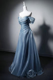 Dusty Blue Off-the-Shoulder Satin Evening Gown - Ruched Bodice A-Line Formal Dress with Beaded Neckline HZ0429