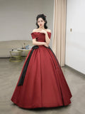 Burgundy Satin Long Prom Dress, Beautiful Off the Shoulder Evening Party Dress HZ0429