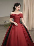 Burgundy Satin Long Prom Dress, Beautiful Off the Shoulder Evening Party Dress HZ0429