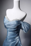 Dusty Blue Off-the-Shoulder Satin Evening Gown - Ruched Bodice A-Line Formal Dress with Beaded Neckline HZ0429