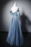 Dusty Blue Off-the-Shoulder Satin Evening Gown - Ruched Bodice A-Line Formal Dress with Beaded Neckline HZ0429