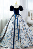 Blue Short Sleeve A-Line Floor Length Prom Dress, Blue Evening Dress HZ0429