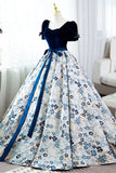 Blue Short Sleeve A-Line Floor Length Prom Dress, Blue Evening Dress HZ0429