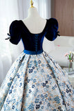 Blue Short Sleeve A-Line Floor Length Prom Dress, Blue Evening Dress HZ0429