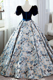 Blue Short Sleeve A-Line Floor Length Prom Dress, Blue Evening Dress HZ0429
