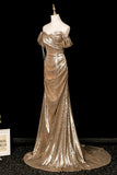 Gold Sequin Off-Shoulder Mermaid Evening Gown, Luxury Formal Dress HZ0429