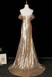 Gold Sequin Off-Shoulder Mermaid Evening Gown, Luxury Formal Dress HZ0429