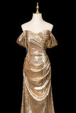 Gold Sequin Off-Shoulder Mermaid Evening Gown, Luxury Formal Dress HZ0429