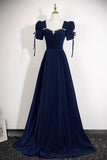 Navy Velvet Square Neck Evening Gown, Elegant Formal Dress with Crystal HZ0429