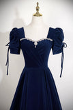 Navy Velvet Square Neck Evening Gown, Elegant Formal Dress with Crystal HZ0429