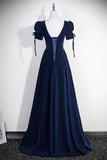 Navy Velvet Square Neck Evening Gown, Elegant Formal Dress with Crystal HZ0429