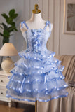 Blue Tulle Layers Short Prom Dress, Blue A-Line Homecoming Party Dress HZ0429