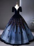 Blue V-Neck Velvet and Sequins Long Prom Dress, A-Line Short Sleeve Formal Dress HZ0429