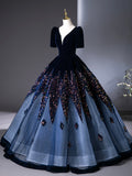 Blue V-Neck Velvet and Sequins Long Prom Dress, A-Line Short Sleeve Formal Dress HZ0429