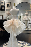 Ivory Strapless Short Homecoming Dress with Oversized Bow Back and Floral Lace Embroidery - Mini Prom Party Gown HZ0429