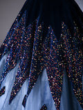 Blue V-Neck Velvet and Sequins Long Prom Dress, A-Line Short Sleeve Formal Dress HZ0429
