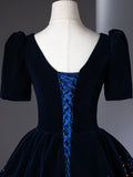 Blue V-Neck Velvet and Sequins Long Prom Dress, A-Line Short Sleeve Formal Dress HZ0429