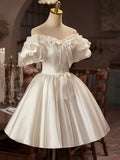 White Satin Off the Shoulder Party Dress, Lovely A-Line Short Sleeve Evening Dress HZ0429