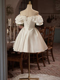 White Satin Off the Shoulder Party Dress, Lovely A-Line Short Sleeve Evening Dress HZ0429
