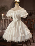 White Satin Lace Knee Length Prom Dress, A-Line Off the Shoulder Evening Party Dress HZ0429